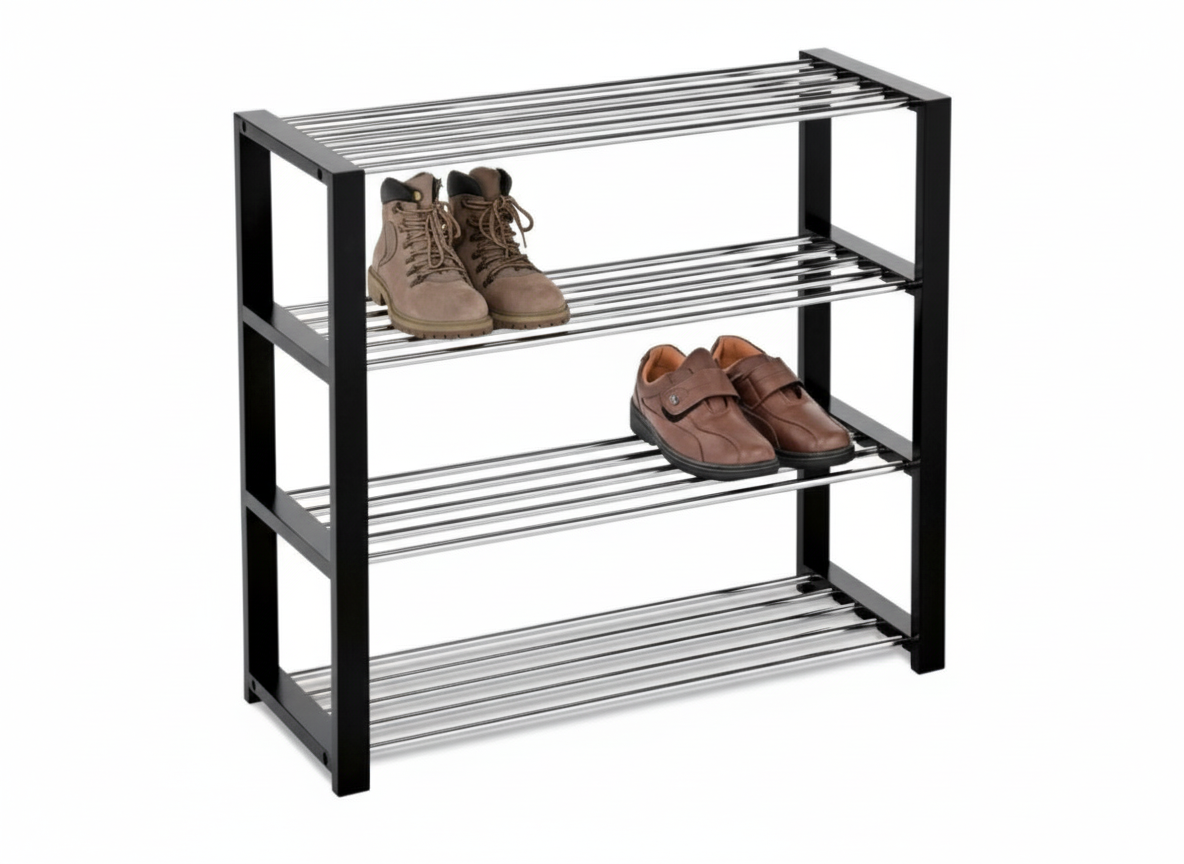 Botník, 4 kovové chromované police, masiv kaučukovník, černý matný lak