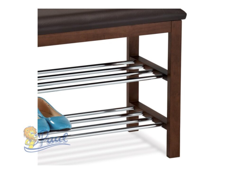 Botník / taburet, 2 police, potah hnědá ekokůže, masiv kaučukovník, moření ořech