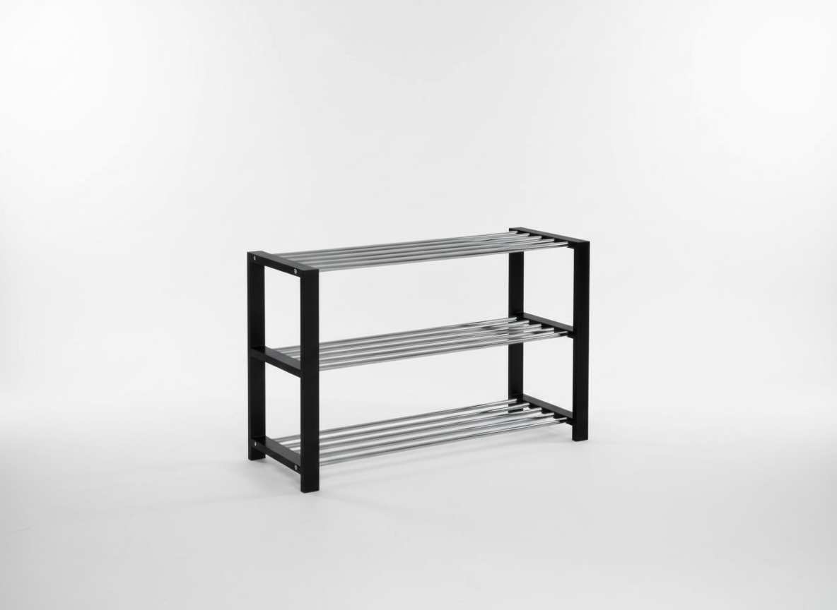 Botník, 3 kovové chromované police, masiv kaučukovník, černý matný lak