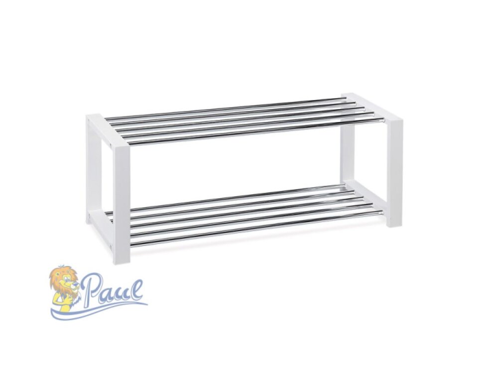 Botník, 2 kovové chromované police, masiv kaučukovník, bílý matný lak