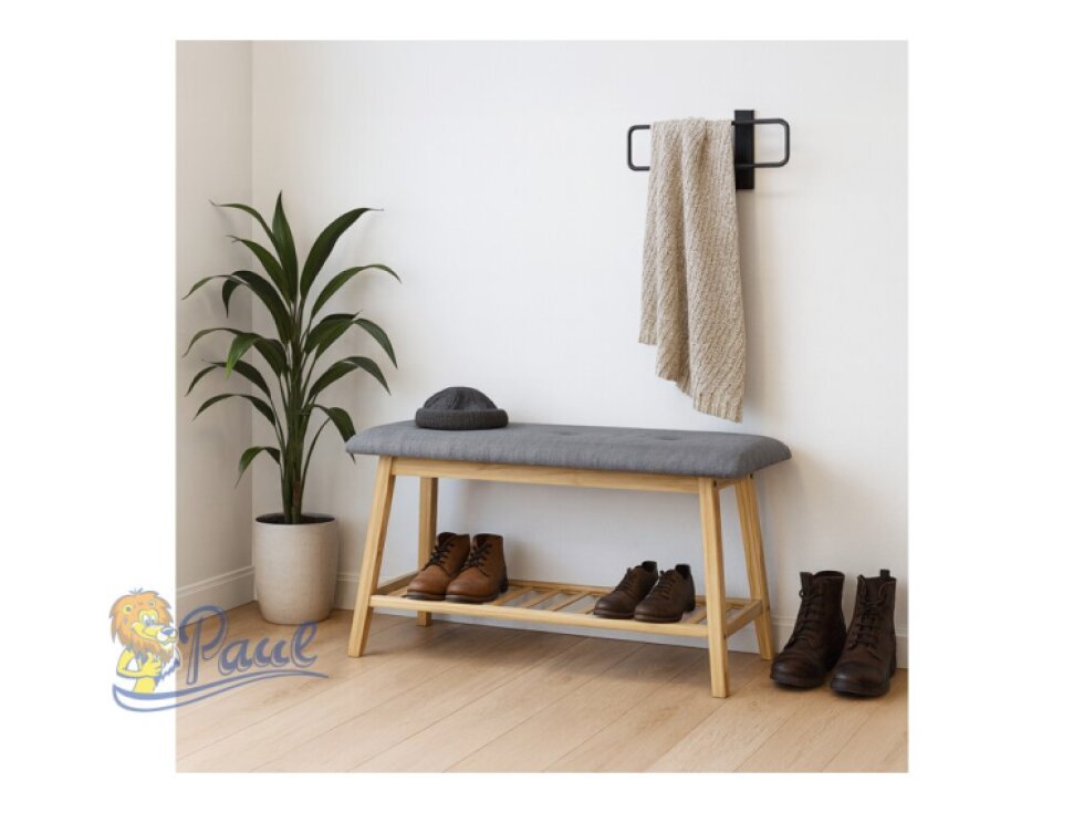 Botník / taburet, police, masiv bambus, přírodní odstín, šedá látka