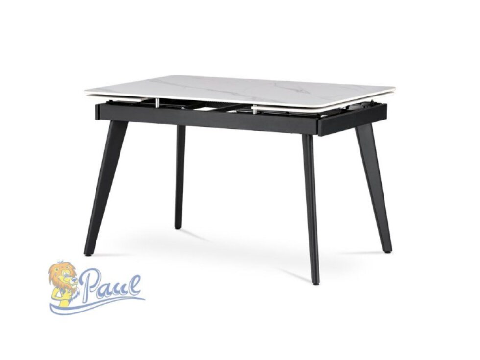 Jídelní stůl 120+30+30x80 x 76 cm, keramická deska bílý mramor, kov, černý matný lak