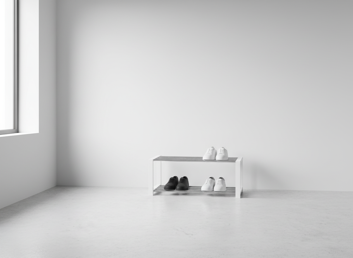 Botník, 2 kovové chromované police, masiv kaučukovník, bílý matný lak