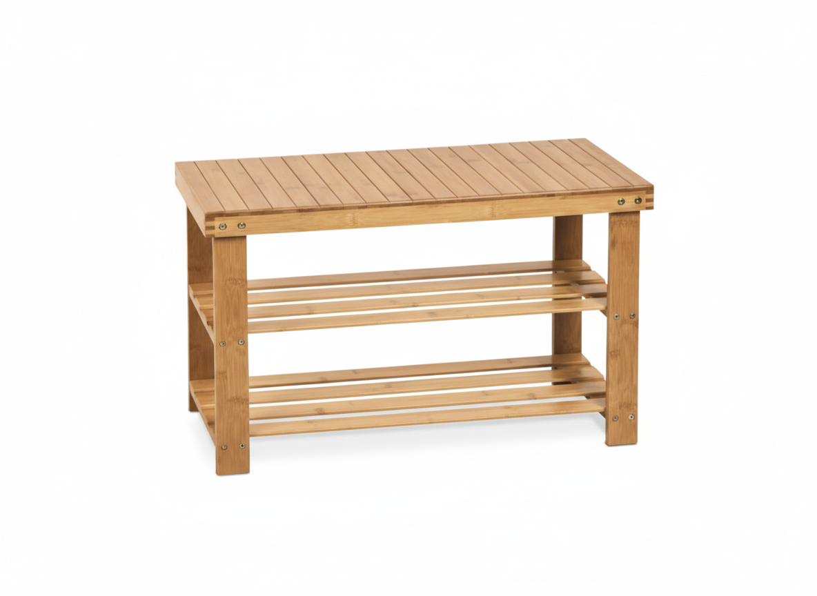 Botník / taburet, 2 police, masiv bambus, přírodní odstín