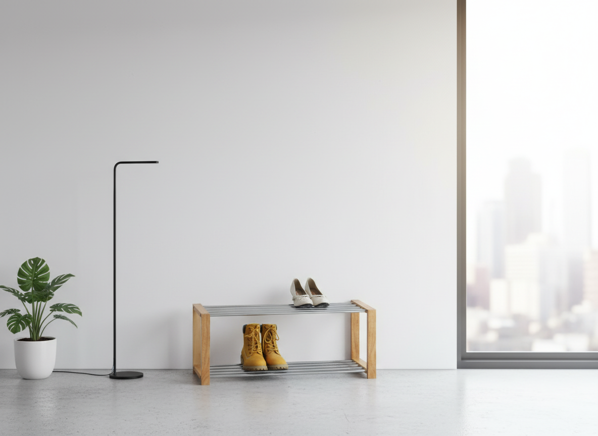 Botník, 2 kovové chromované police, masiv kaučukovník, přírodní odstín