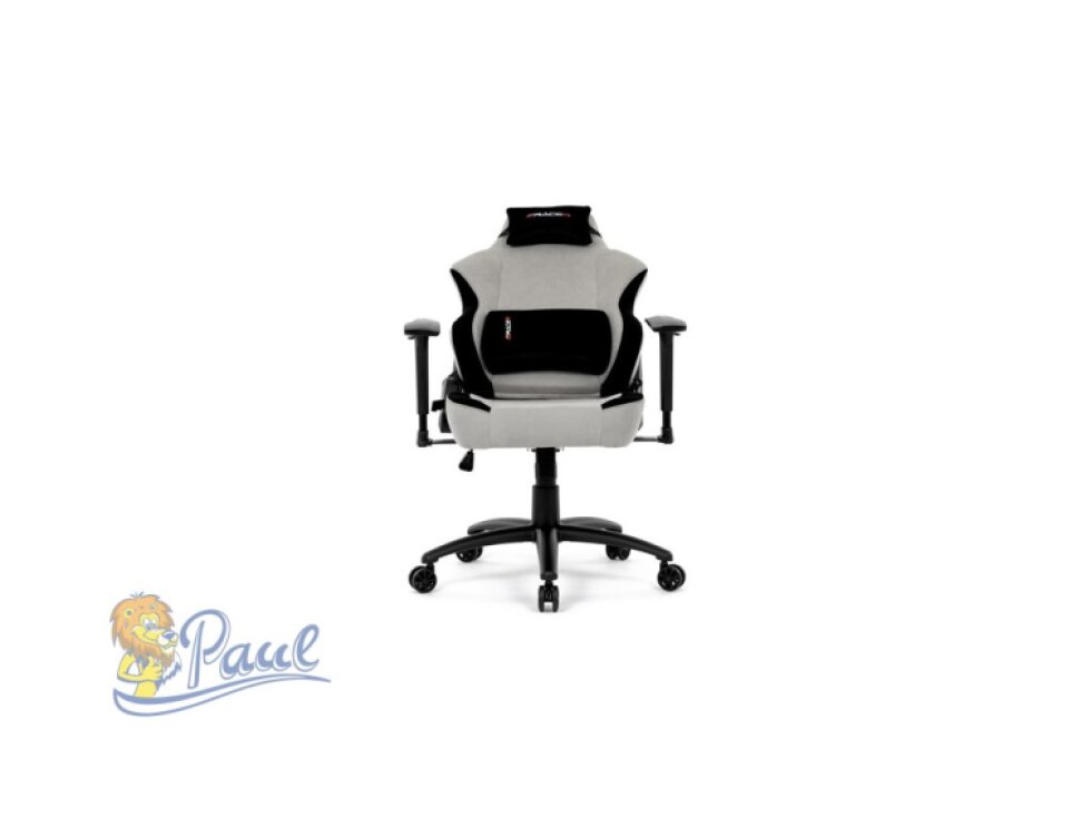 Herní křeslo, stříbrná látka, houpací mechanismus, polohování opěradla 90°-180°, 3D područky, polštáře z paměťové pěny,