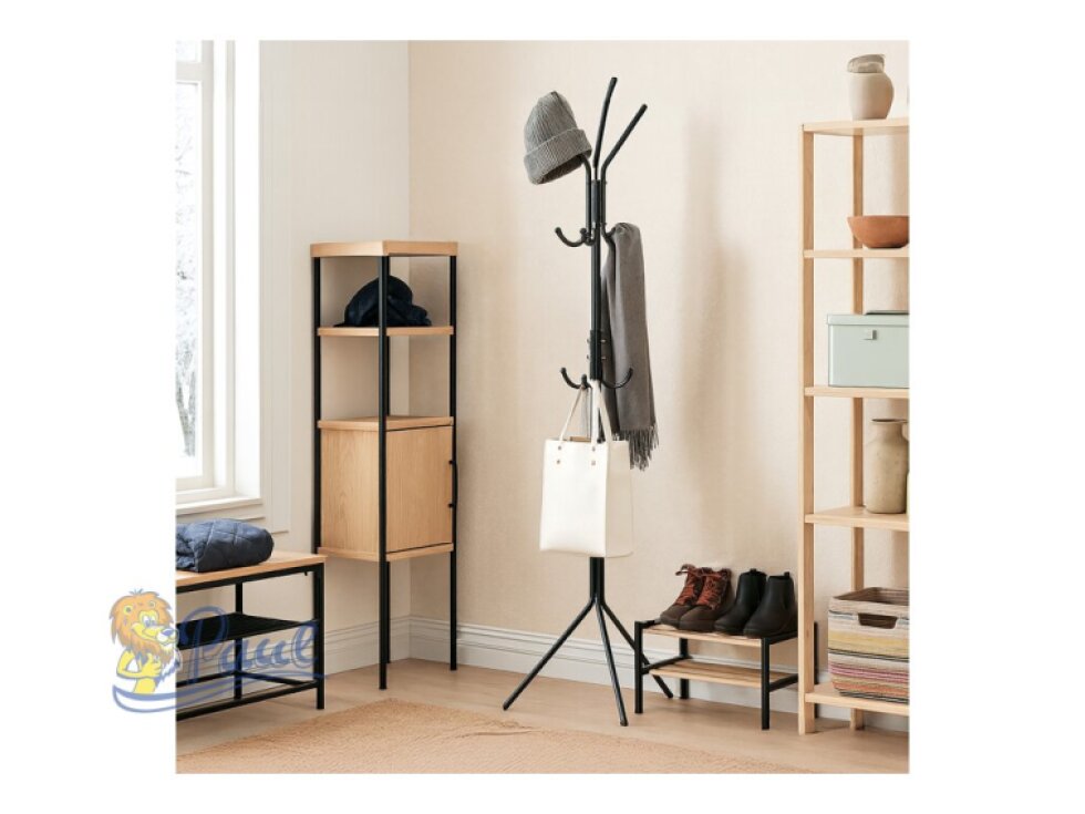 Věšák stojanový, výška 170,5 cm, kovová konstrukce, černý lak, nosnost 6 kg