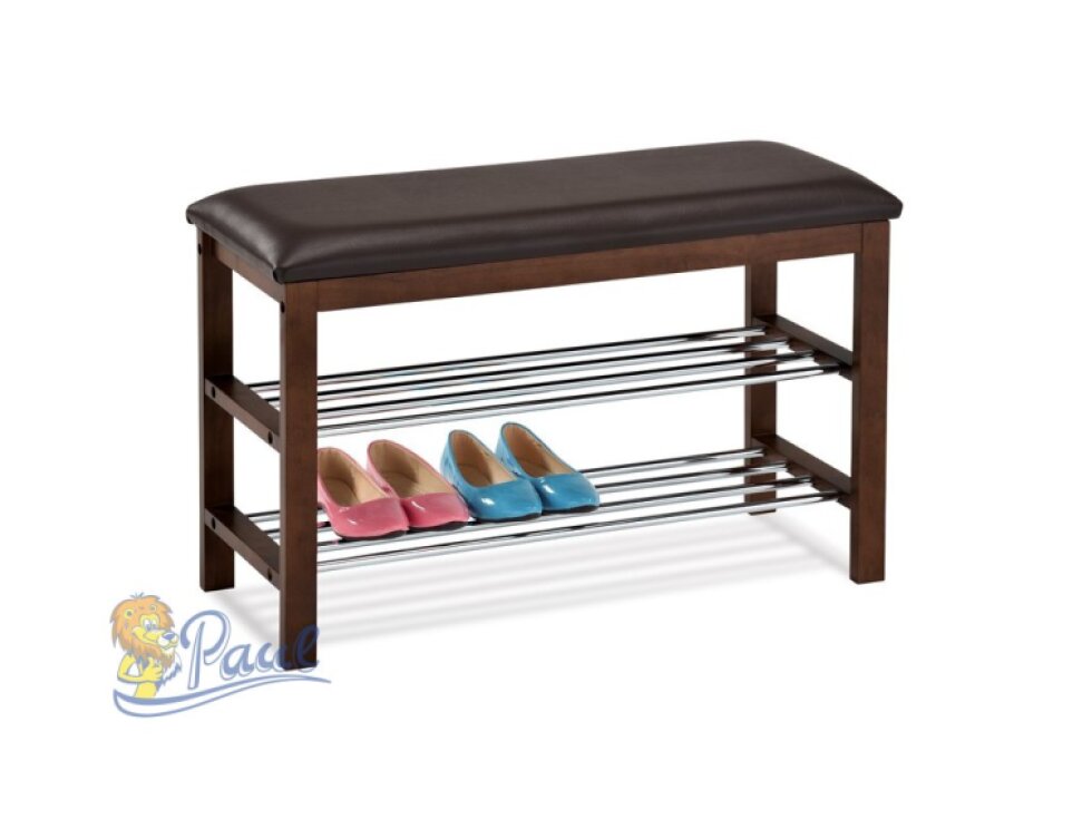 Botník / taburet, 2 police, potah hnědá ekokůže, masiv kaučukovník, moření ořech