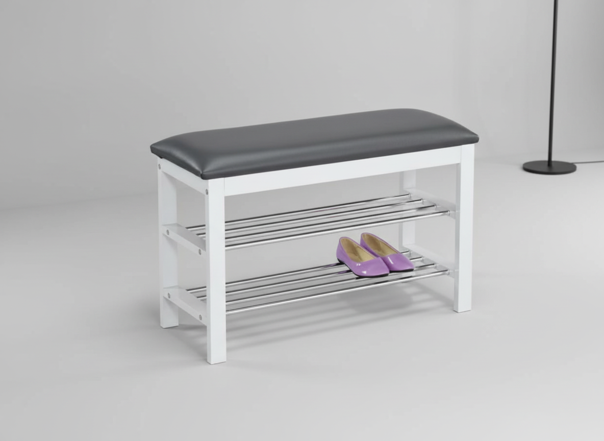 Botník / taburet, 2 police, potah šedá ekokůže, masiv kaučukovník, bílý lak