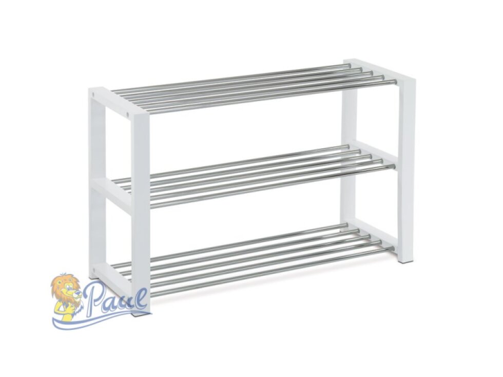 Botník, 3 kovové chromované police, masiv kaučukovník, bílý matný lak