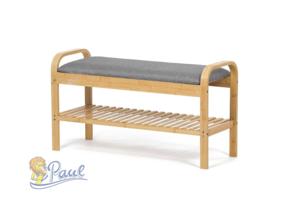 Botník / taburet, police, masiv bambus, přírodní odstín, šedá látka