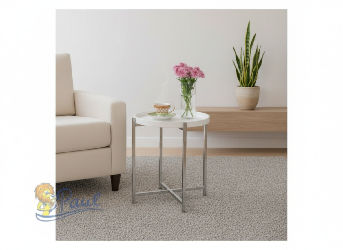 Odkládací stolek pr.50x50 cm, deska dřevo, bílý mat. lak, kovové chromované nohy