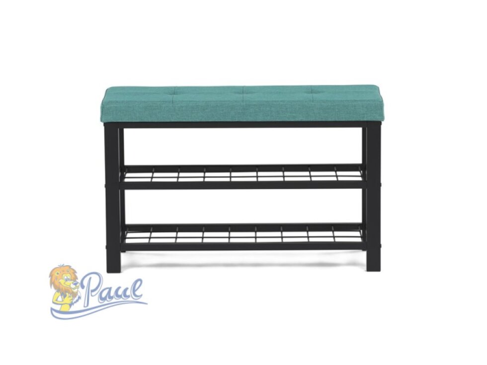 Botník 2 police, potah zelená látka, kov - černý matný lak