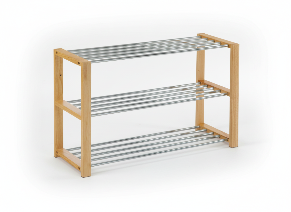 Botník, 3 kovové chromované police, masiv kaučukovník, přírodní odstín