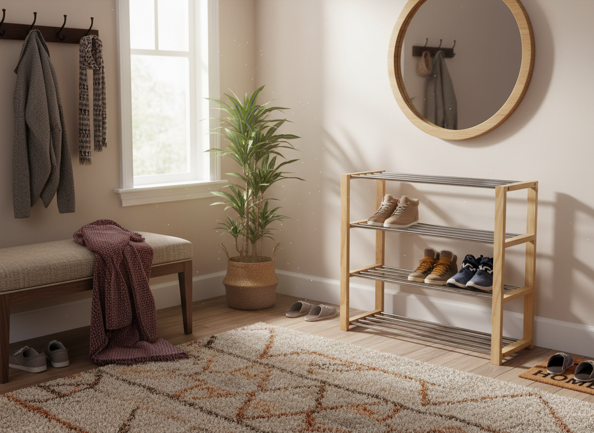 Botník, 4 kovové chromované police, masiv kaučukovník, přírodní odstín a lak