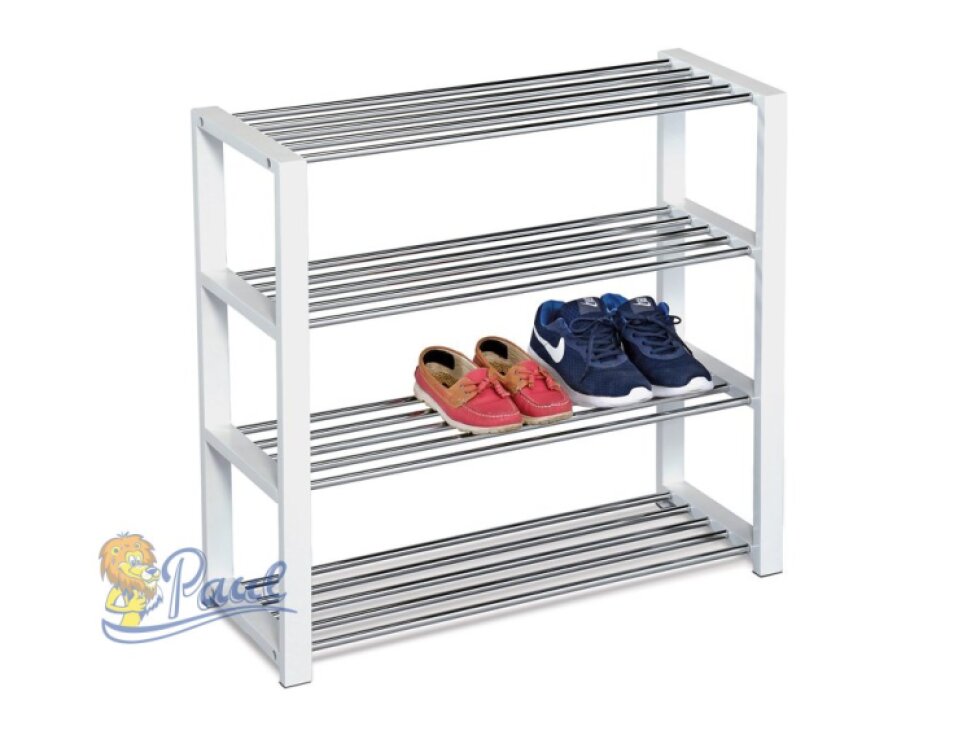 Botník, 4 kovové chromované police, masiv kaučukovník, bílý matný lak