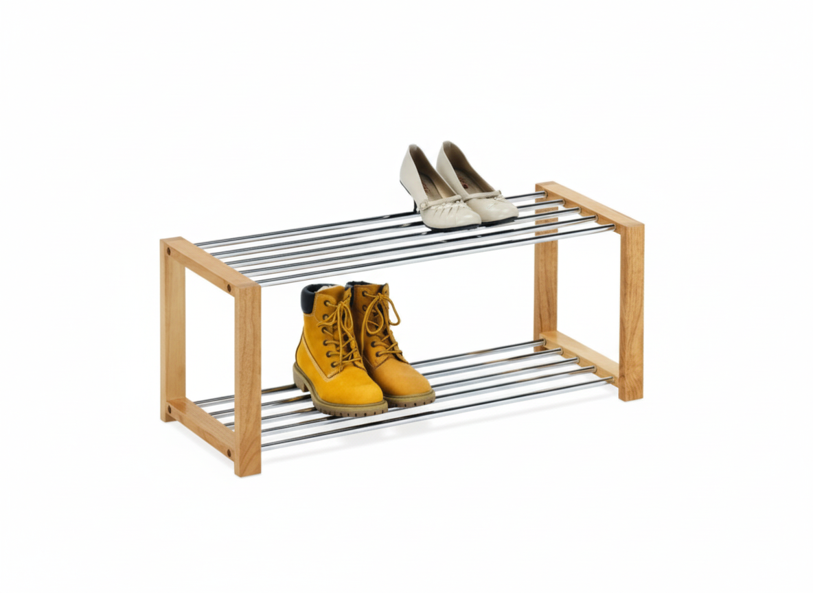 Botník, 2 kovové chromované police, masiv kaučukovník, přírodní odstín