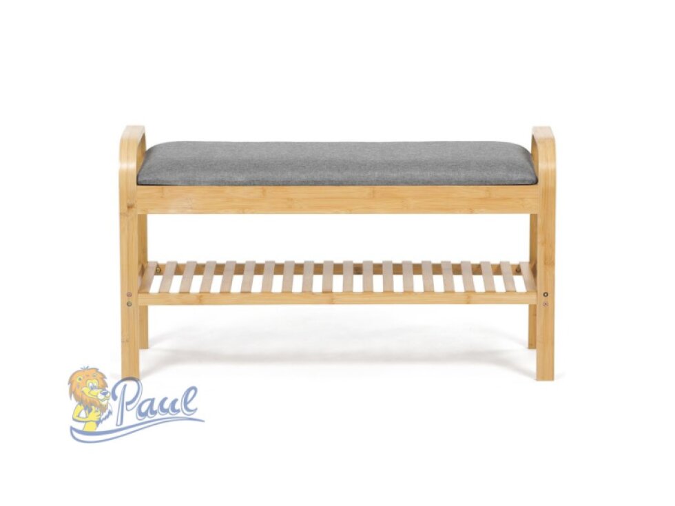 Botník / taburet, police, masiv bambus, přírodní odstín, šedá látka