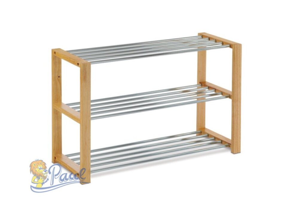 Botník, 3 kovové chromované police, masiv kaučukovník, přírodní odstín