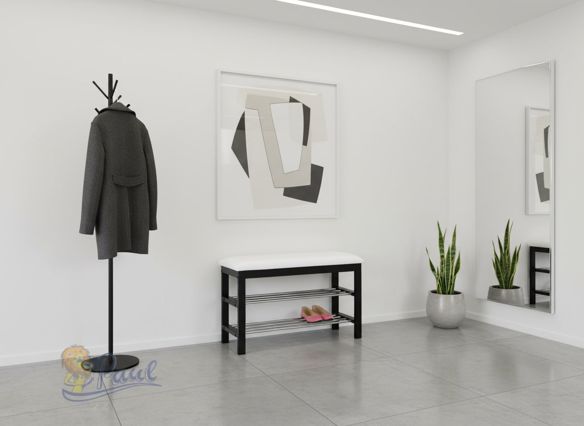 Botník / taburet, 2 police, potah bílá ekokůže, masiv kaučukovník, černý lak