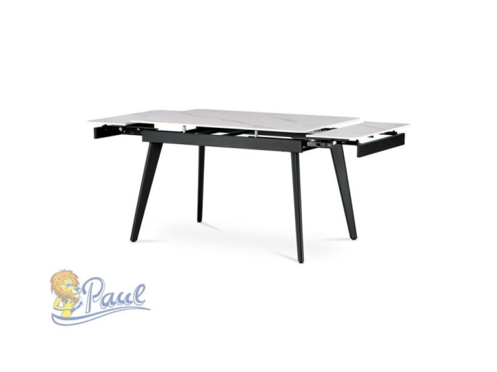 Jídelní stůl 120+30+30x80 x 76 cm, keramická deska bílý mramor, kov, černý matný lak