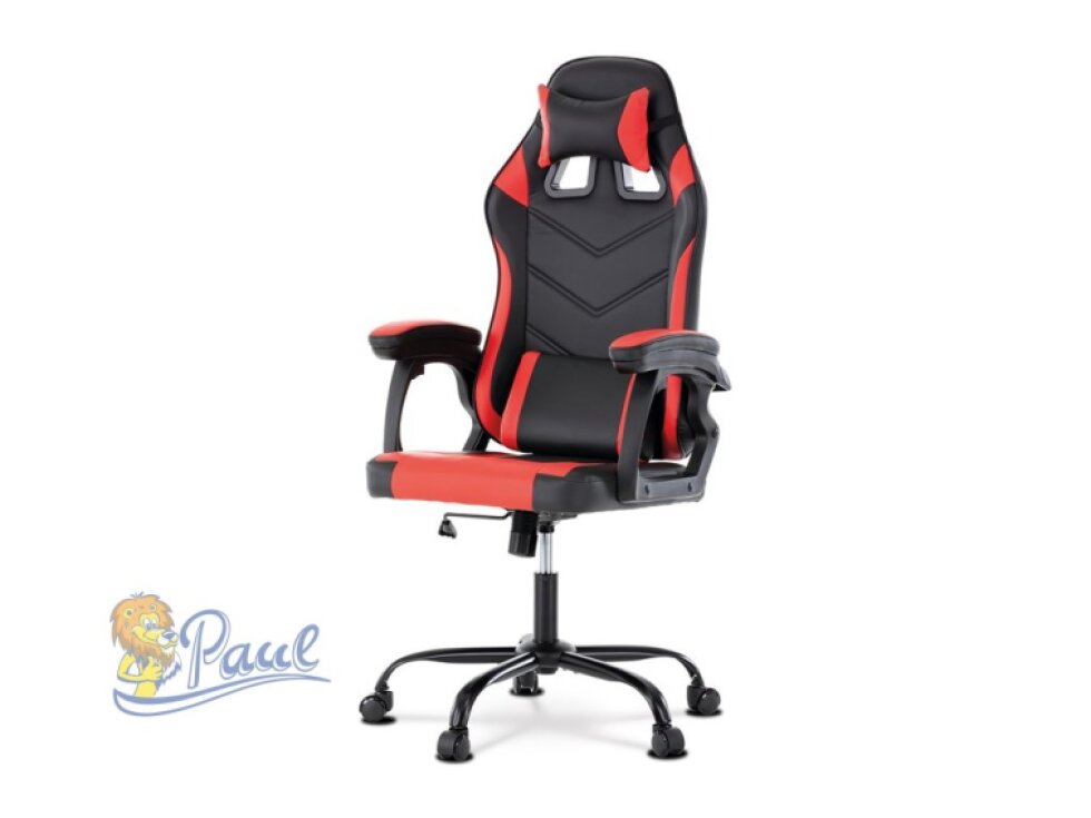 Herní křeslo, červená a černá ekokůže, houpací mechanika, opěrák 135°