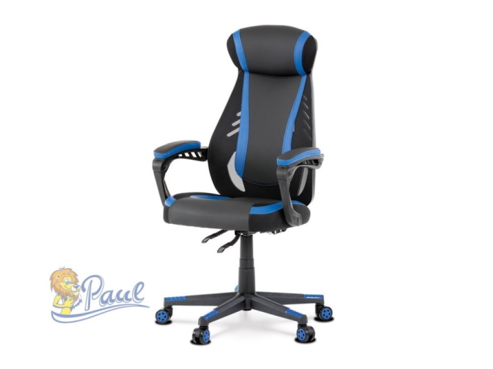 Herní křeslo, modrá, černá ekokůže a černá látka a síťovina MESH, PCA mech
