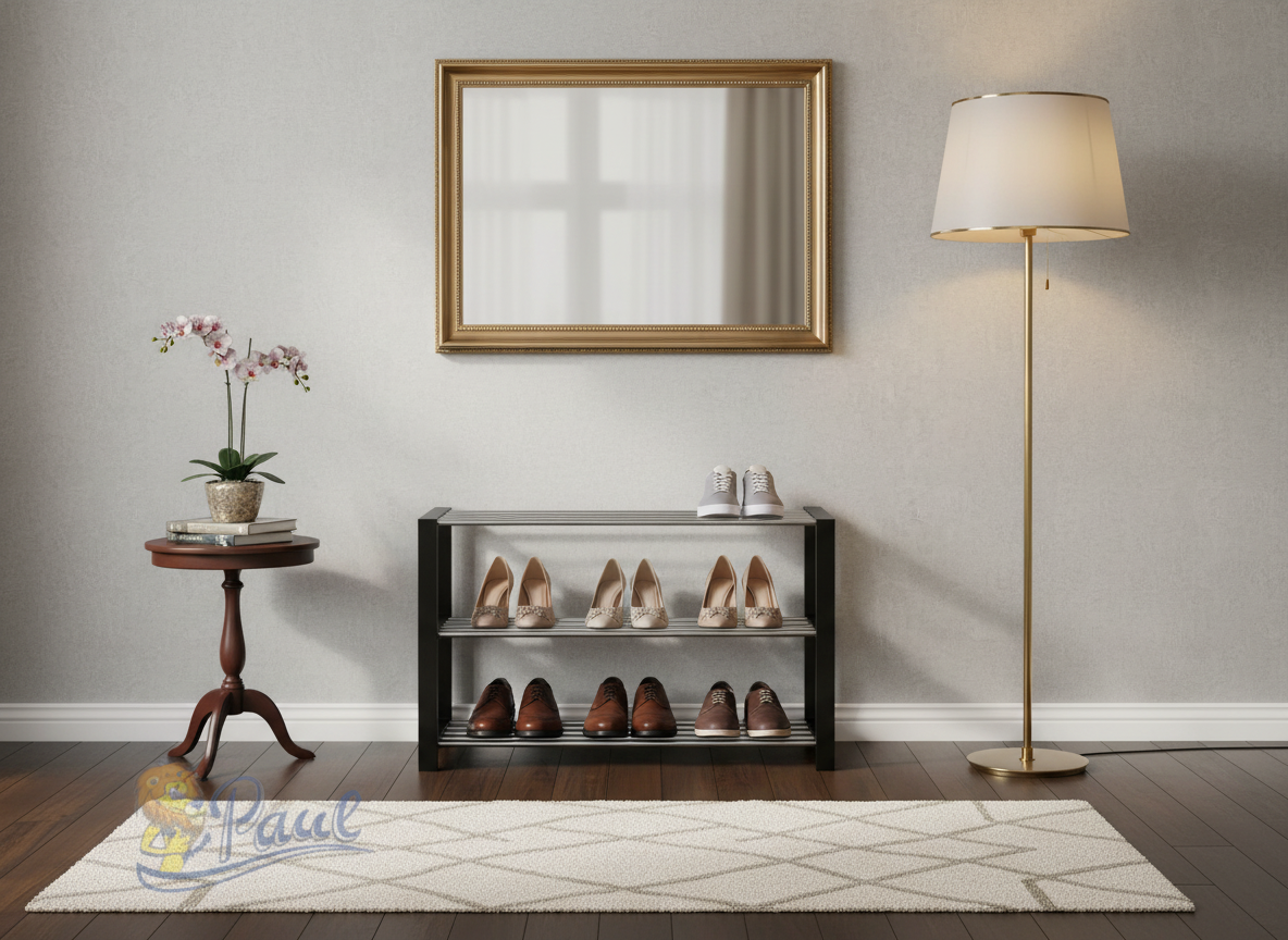 Botník, 3 kovové chromované police, masiv kaučukovník, černý matný lak