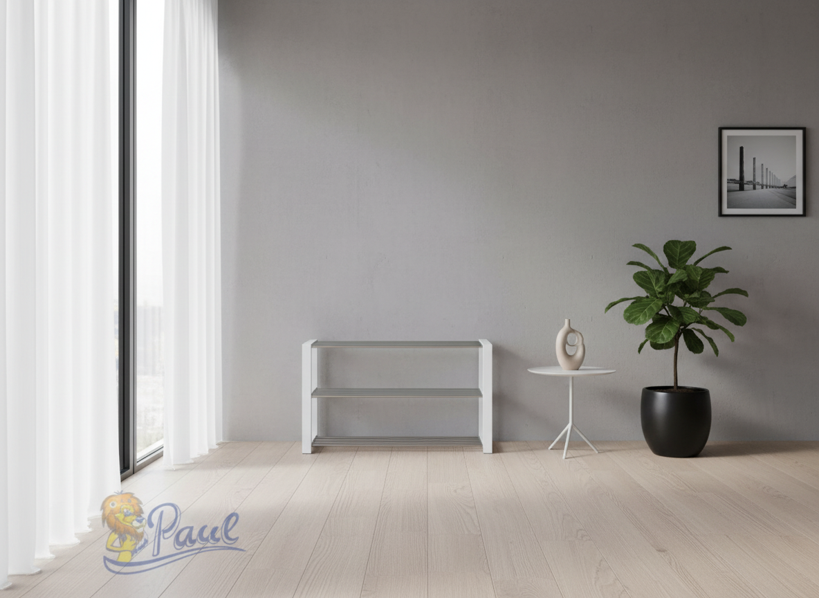 Botník, 3 kovové chromované police, masiv kaučukovník, bílý matný lak