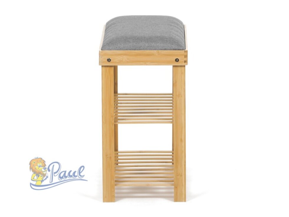 Botník / taburet, 2 police, masiv bambus, přírodní odstín, šedá látka