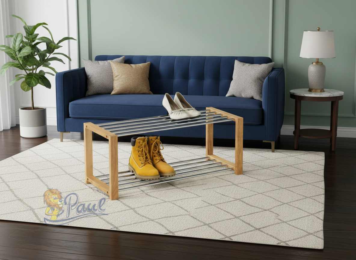 Botník, 2 kovové chromované police, masiv kaučukovník, přírodní odstín