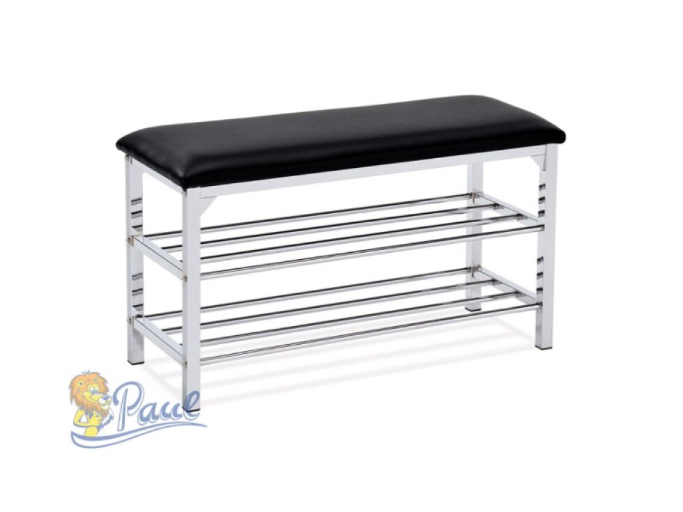 Botník, 2 police, potah černá ekokůže, kov - chrom