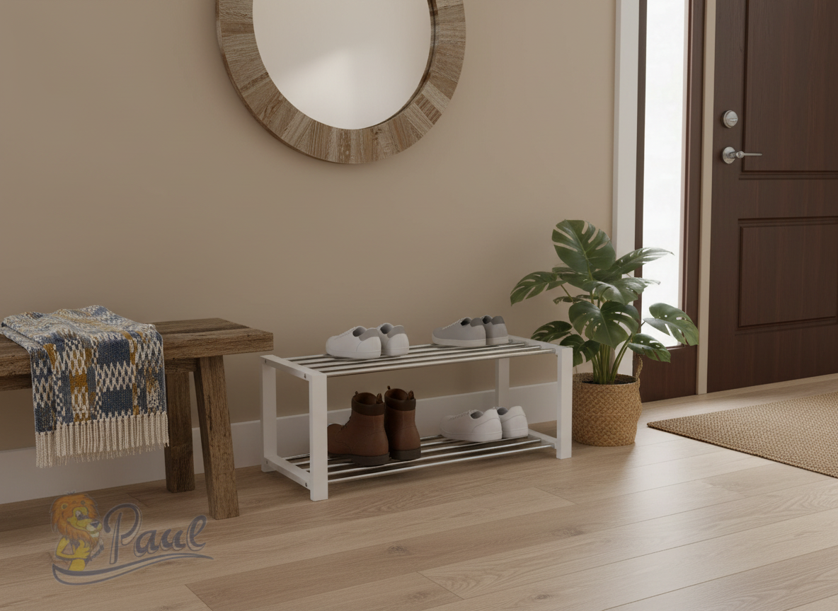 Botník, 2 kovové chromované police, masiv kaučukovník, bílý matný lak