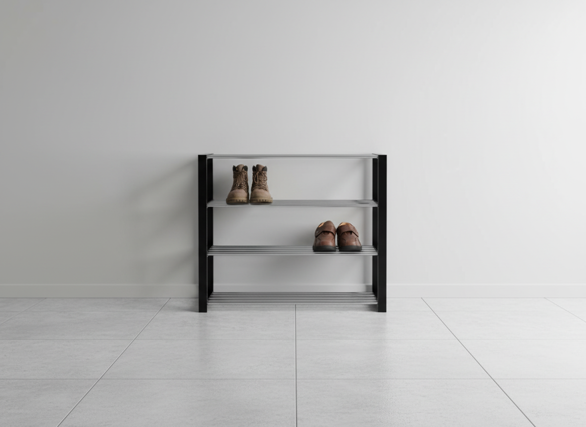 Botník, 4 kovové chromované police, masiv kaučukovník, černý matný lak