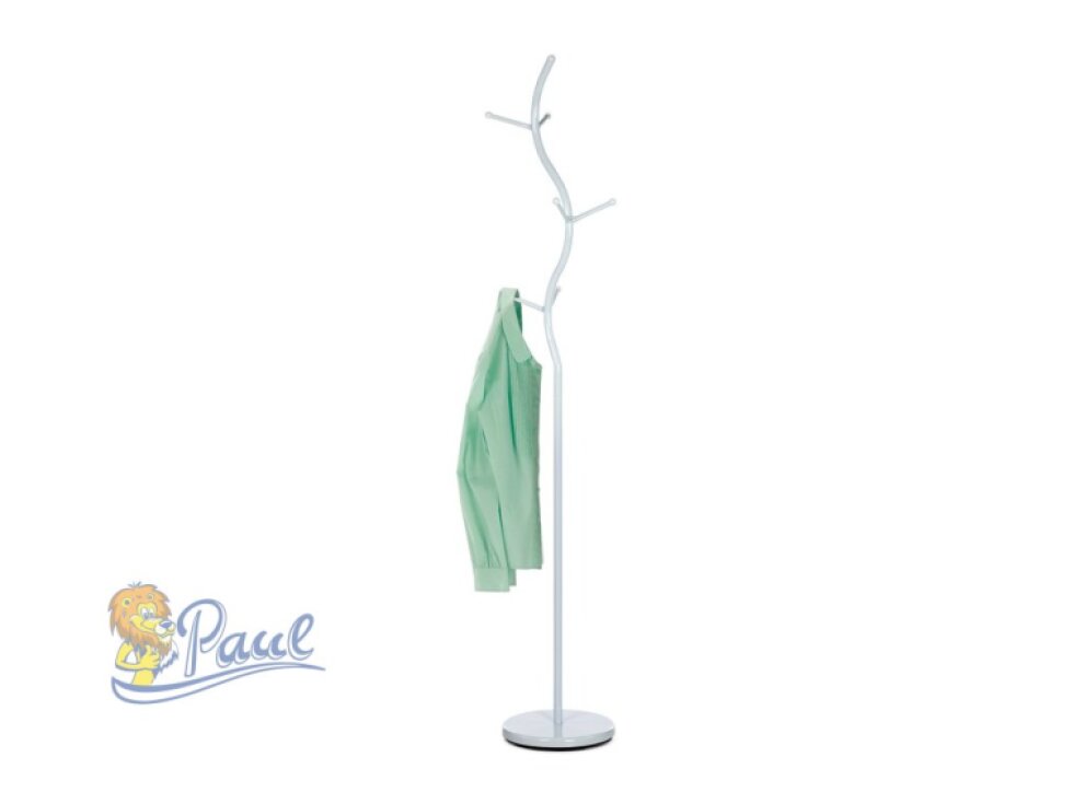 Věšák stojanový, výška 180 cm, kovová konstrukce, bílý matný lak, nosnost 10 kg