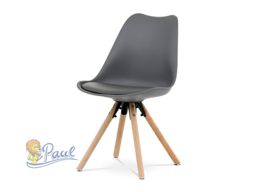 Jídelní židle, šedá plastová skořepina, sedák ekokůže, nohy masiv přírodní buk