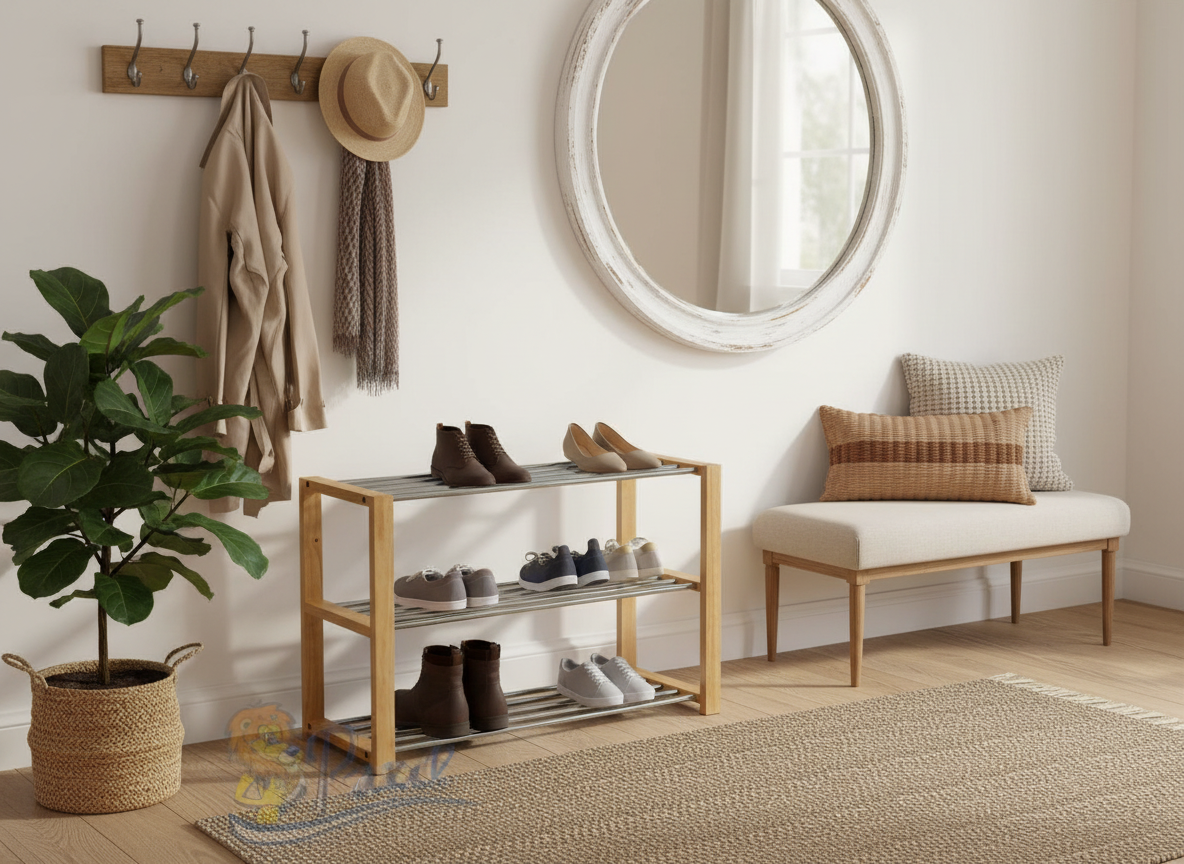 Botník, 3 kovové chromované police, masiv kaučukovník, přírodní odstín