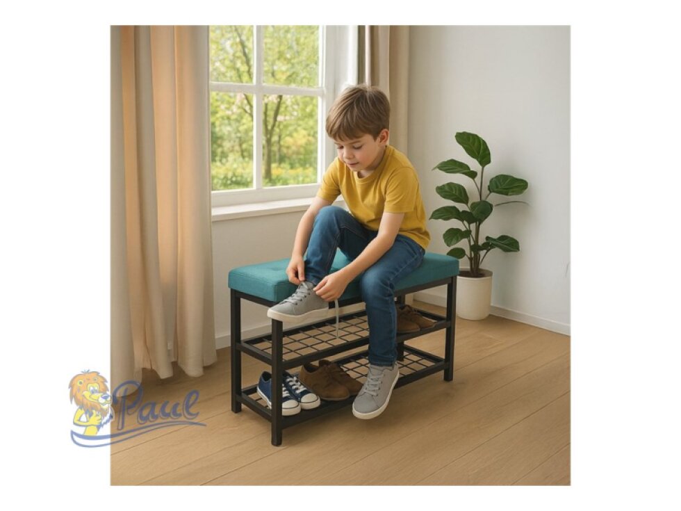 Botník 2 police, potah zelená látka, kov - černý matný lak