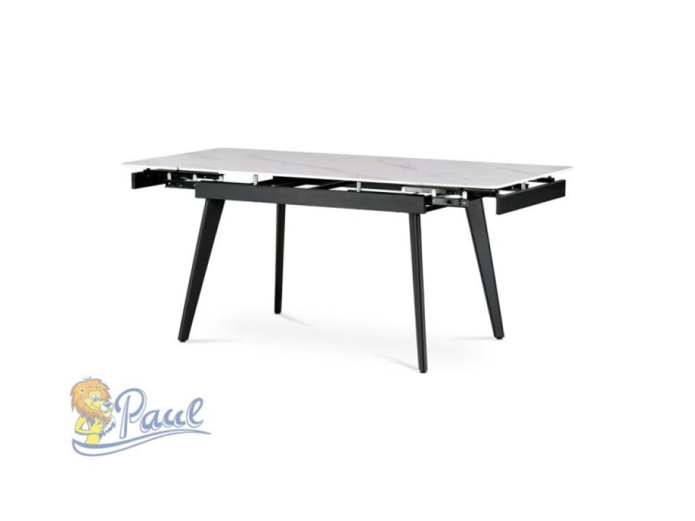 Jídelní stůl 120+30+30x80 x 76 cm, keramická deska bílý mramor, kov, černý matný lak