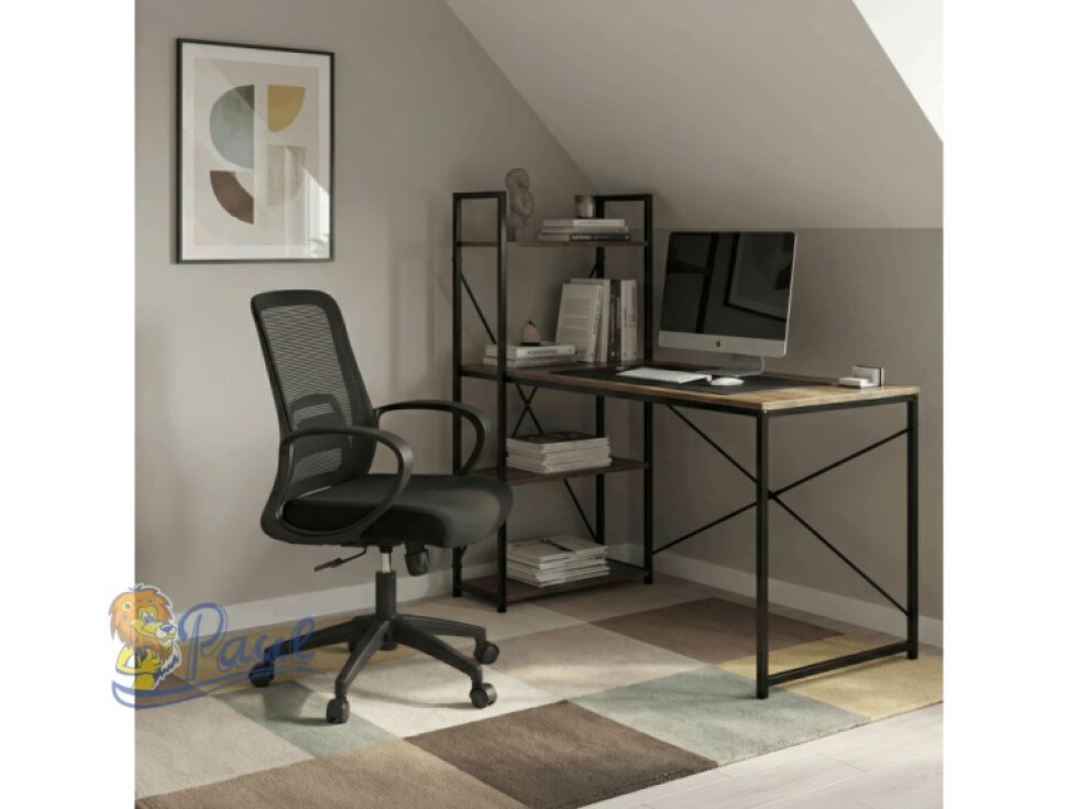 Stůl pracovní s regálem, MDF, dekor staré dřevo, černý kov