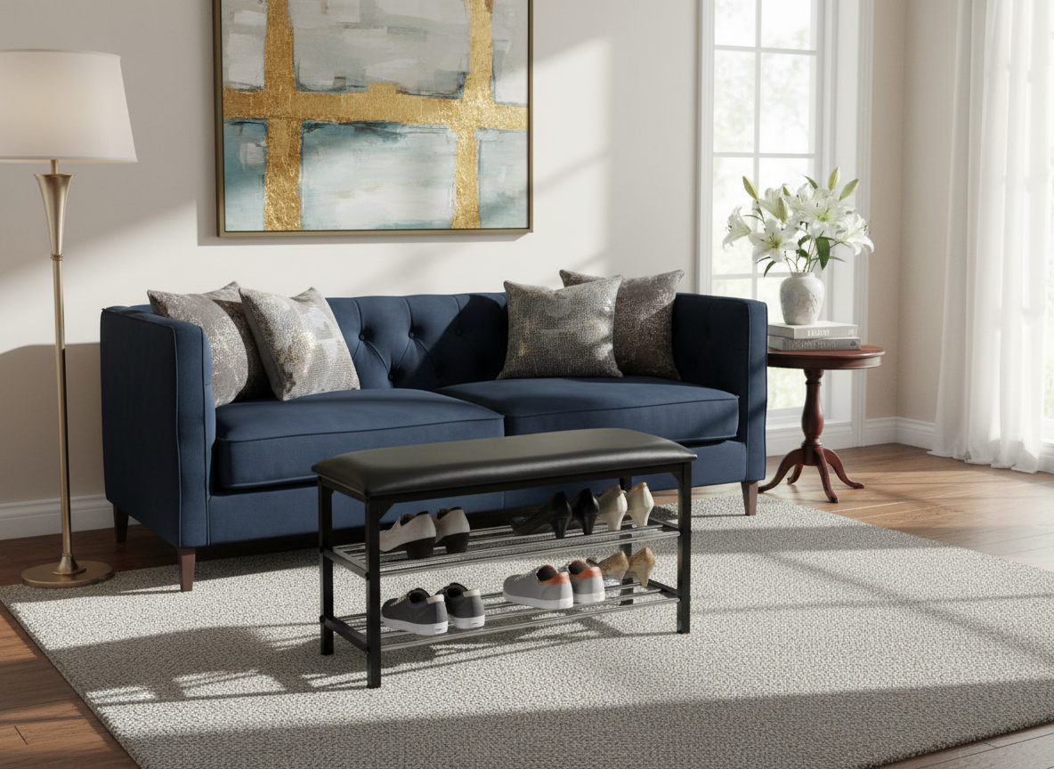 Botník / taburet, 2 police, potah černá ekokůže, kov - černý matný lak a chrom