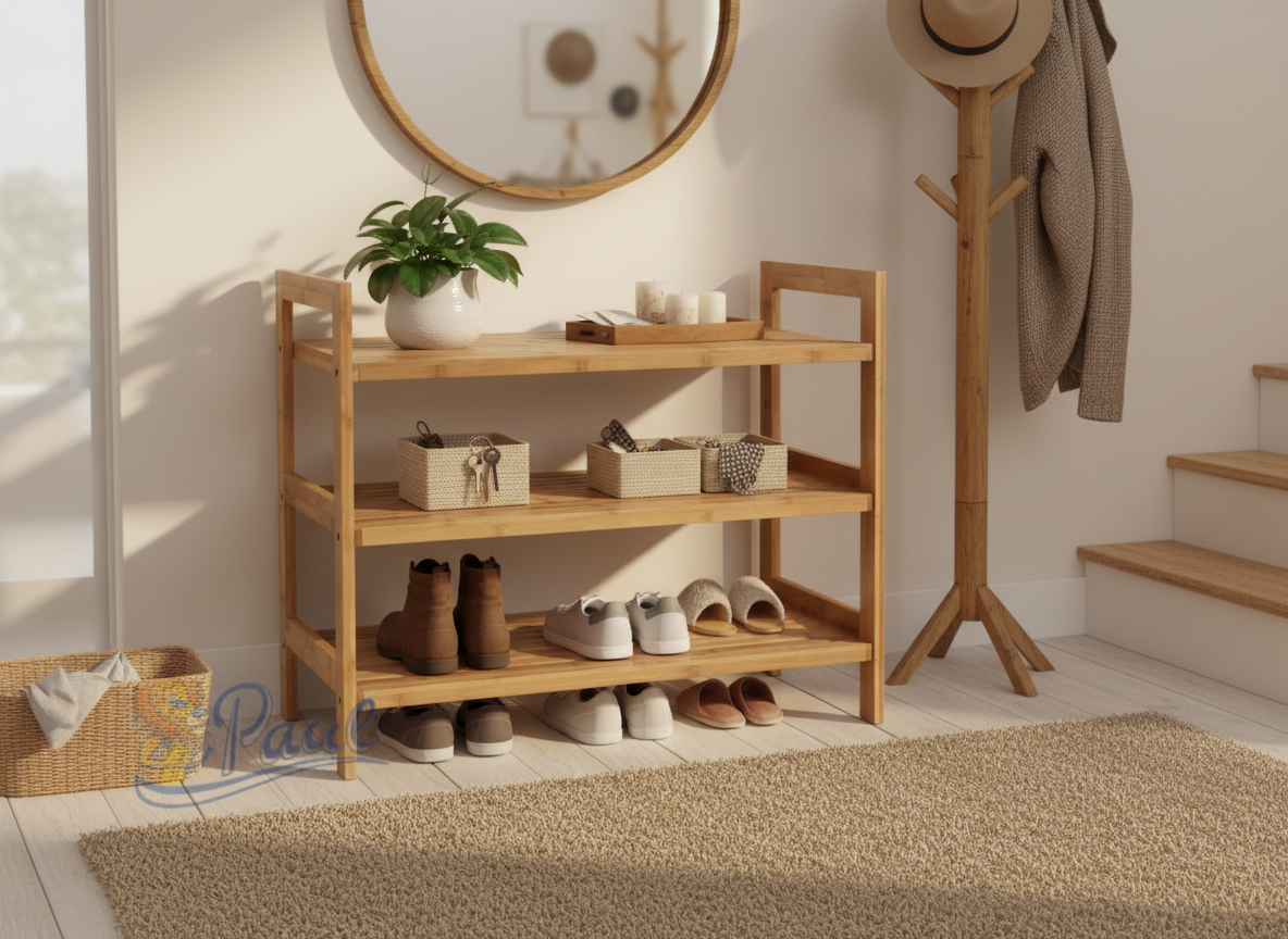 Botník, 3 police, masiv bambus, přírodní odstín