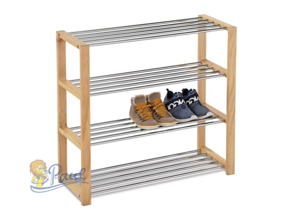 Botník, 4 kovové chromované police, masiv kaučukovník, přírodní odstín a lak