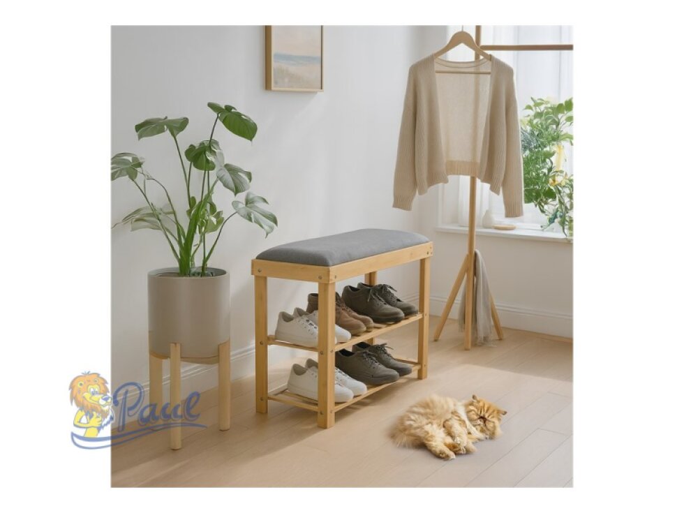 Botník / taburet, 2 police, masiv bambus, přírodní odstín, šedá látka