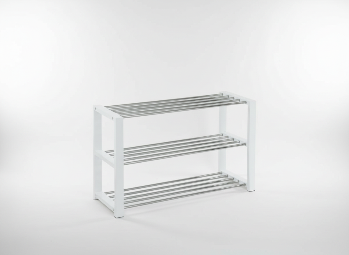 Botník, 3 kovové chromované police, masiv kaučukovník, bílý matný lak