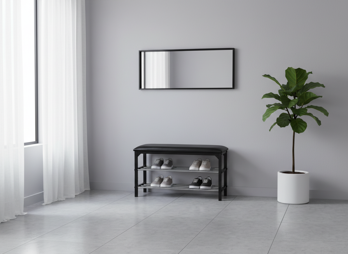 Botník / taburet, 2 police, potah černá ekokůže, kov - černý matný lak a chrom