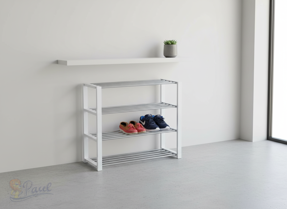 Botník, 4 kovové chromované police, masiv kaučukovník, bílý matný lak