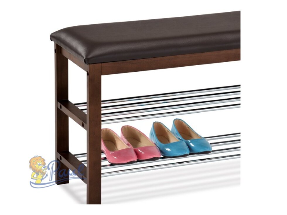 Botník / taburet, 2 police, potah hnědá ekokůže, masiv kaučukovník, moření ořech