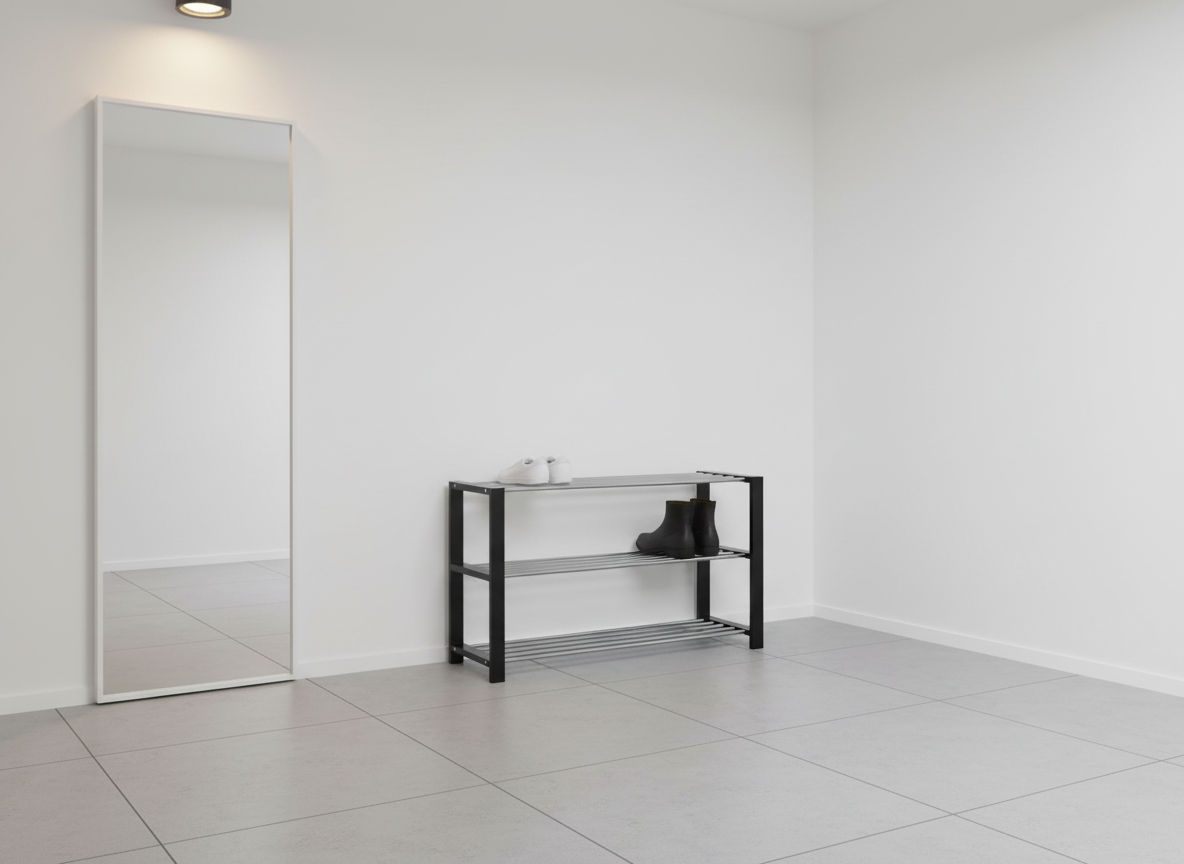 Botník, 3 kovové chromované police, masiv kaučukovník, černý matný lak