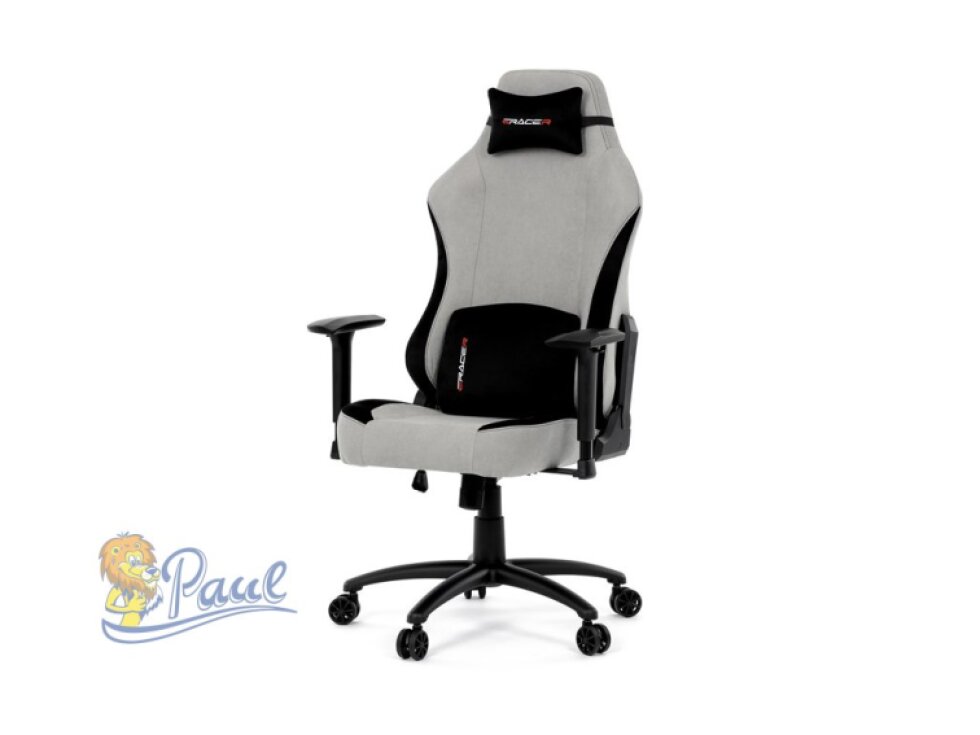 Herní křeslo, stříbrná látka, houpací mechanismus, polohování opěradla 90°-180°, 3D područky, polštáře z paměťové pěny,